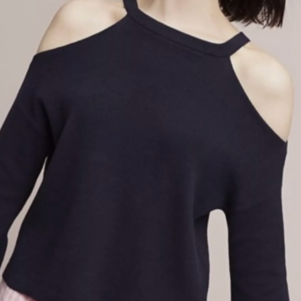 Knitted & Knotted Anthropologie Navy Blue Knit Cold Shoulder Sweater, Size S